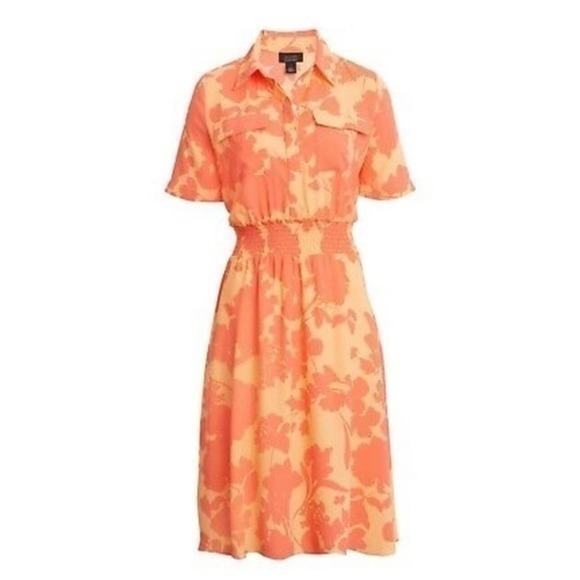 Halogen x Atlantic Pacific Cathy Coral Orange Floral Print Smocked Shirt Dress - Picture 1 of 7